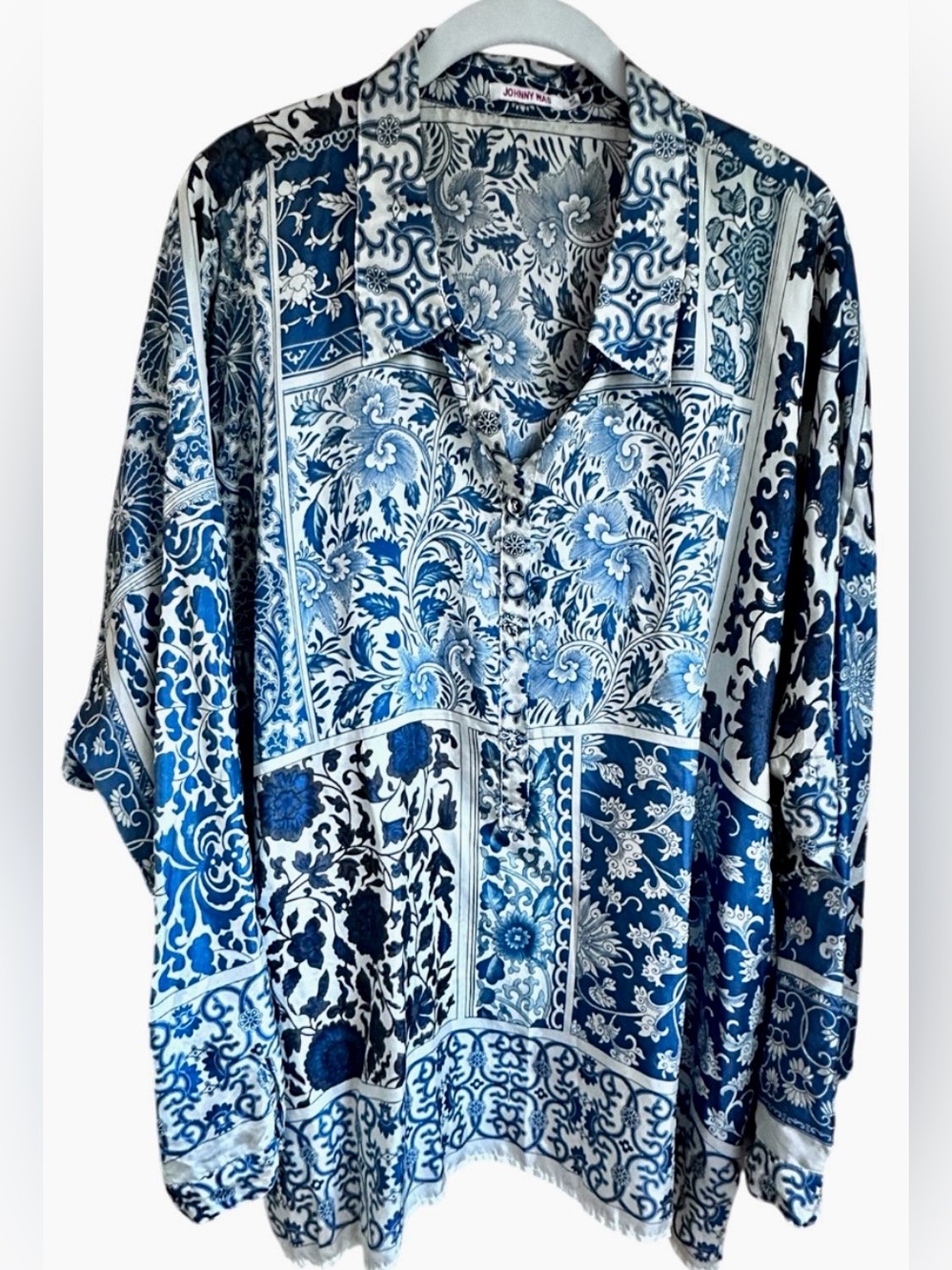 Johnny Was Blue and Cream Silk Floral Top XL